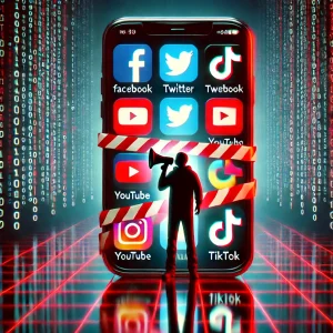 A smartphone wrapped in red caution tape with social media icons, a silhouette of a person with a megaphone behind a digital barrier, symbolizing restricted speech and online content control.