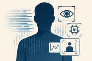 Abstract digital human silhouette with data streams representing AI surveillance and predictive technology.