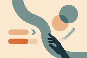 Abstract editorial illustration of subtle progress and flow using geometric shapes and a muted modern palette.