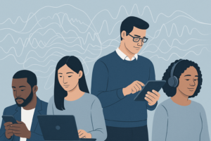 Illustration of diverse individuals interacting with technology, symbolizing neurodiversity and inclusive design principles.