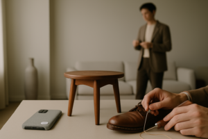 Editorial still life of repaired possessions—phone, restored wooden table, and leather shoe being stitched—set in a minimalist apartment.