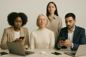 Editorial hero image showing diverse individuals with digital devices symbolizing the contrast between connectivity and unplugging.