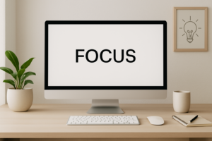 Professional workspace with a single computer screen symbolizing focused work and clarity