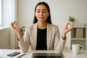 Modern professional in a minimalist office peacefully sitting with eyes closed, symbolizing intentional idleness and focused calm.