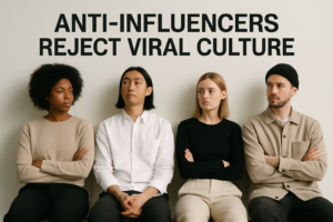 Editorial image showing diverse people confidently ignoring social media trends in a minimalist modern setting.