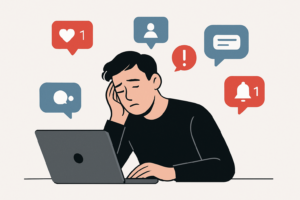 Person overwhelmed by digital notification icons representing distracted attention