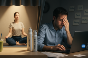 Editorial hero image: clean split scene of corporate wellness perks versus a stressed office worker with a subtle stage-curtain motif.