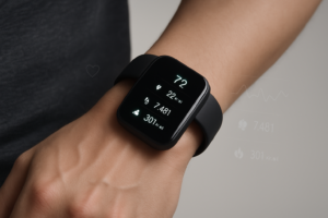 Modern fitness tracker on wrist with digital data overlays in a clean editorial style