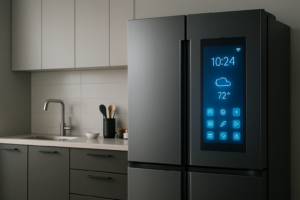 Modern smart refrigerator with digital touchscreen interface in a contemporary kitchen