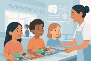 Modern elementary school lunchroom with children receiving lunch trays and subtle futuristic AI interface elements