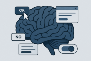 Stylized human brain intertwined with digital interface elements representing dark patterns in UX design