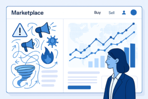 Modern editorial hero image showing a digital marketplace interface with event icons and financial data representing Kalshi's trading platform.