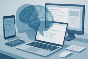 Professional workspace showing multiple devices with a graphic of overlapping brains illustrating multitasking effects.