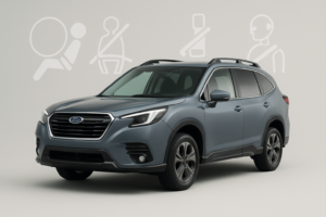 Modern editorial hero image showcasing a Subaru vehicle with graphical safety icons symbolizing crash protection and advanced safety features.