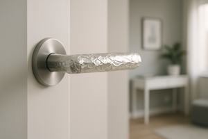Modern door handle wrapped in aluminum foil in a clean home setting