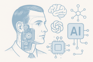 Editorial hero image blending 1950s cybernetics diagrams with modern AI symbols in a clean, professional style.