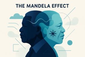 Editorial hero image illustrating the Mandela Effect with overlapping silhouettes of Nelson Mandela and abstract memory-themed graphics.