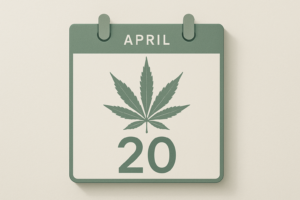 Modern editorial image of a cannabis leaf integrated with a calendar page showing April 20th, symbolizing 4/20 holiday.