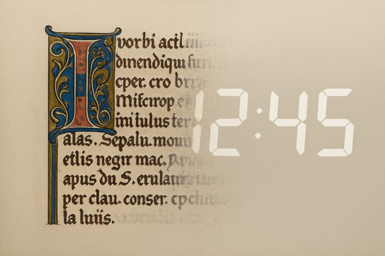 Editorial hero image combining a medieval manuscript and a modern clock face representing the Phantom Time Hypothesis.