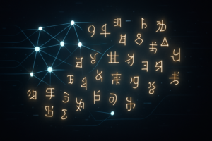 Abstract modern illustration of neural networks communicating through symbolic glowing codes in a clean editorial style.